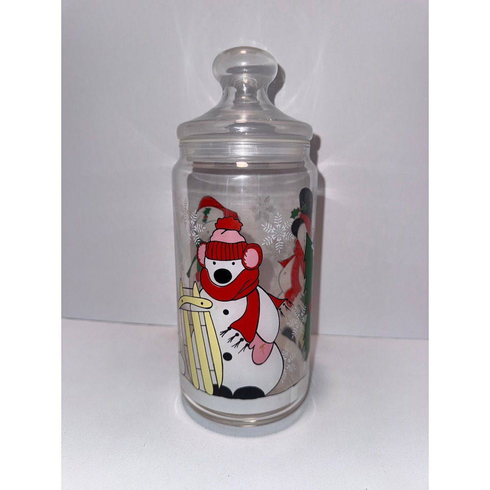 Vintage Luminarc France Christmas Glass Canister Snowman Holiday Storage Jar 9in